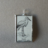 Stork bird, vintage 1930s dictionary illustration upcycled to soldered glass pendant