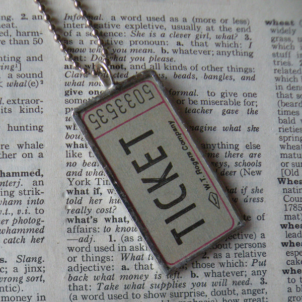 Vintage carnival / raffle / theater ticket upcycled to soldered glass pendant