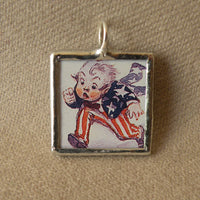 Uncle Sam, American flag, vintage fireworks packaging illustration, hand-soldered glass pendant