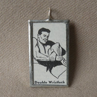 Wrestling, double wristlock, vintage dictionary illustration, hand-soldered glass pendant